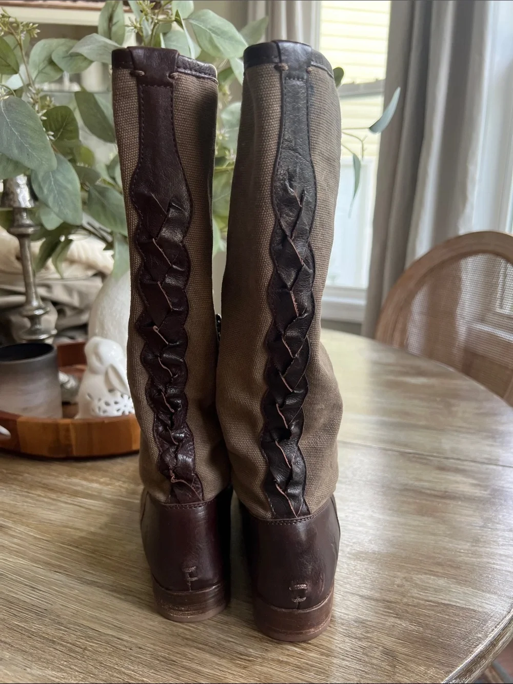 Frye Brown Leather and Tan Fabric Over-the-Knee Boots